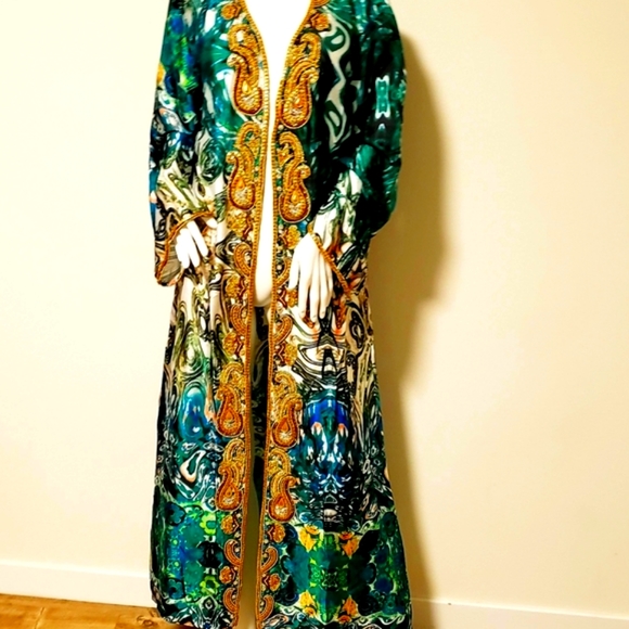 *LAST ONE**MANISH VAID- Silk Turquoise Emb.Pucci Island Prt. Kimono-NWT M - Picture 5 of 15